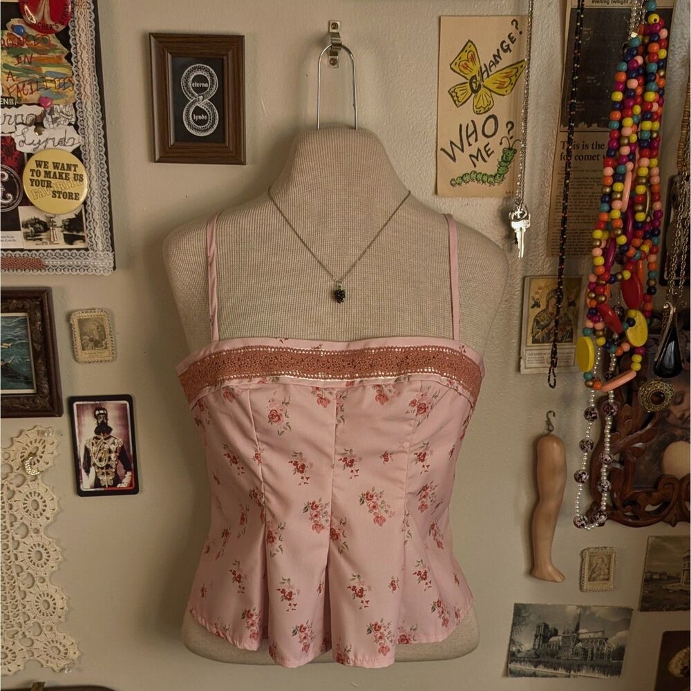 Lace Floral Print Pleated Cami Tank Top Women's Small Light Pink